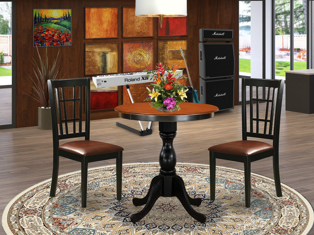 East West Furniture ESNI3-BCH-LC 3 Piece Kitchen Table Set for Small Spaces Contains a Round Dining Room Table with Pedestal and 2 Faux Leather Upholstered Chairs, 30x30 Inch, Black & Cherry