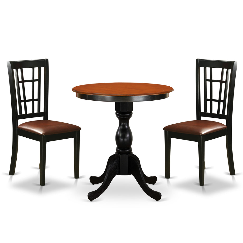 East West Furniture ESNI3-BCH-LC 3 Piece Kitchen Table Set for Small Spaces Contains a Round Dining Room Table with Pedestal and 2 Faux Leather Upholstered Chairs, 30x30 Inch, Black & Cherry