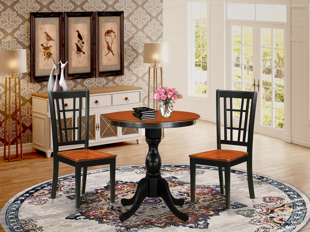 East West Furniture ESNI3-BCH-W 3 Piece Dining Room Furniture Set Contains a Round Dining Table with Pedestal and 2 Wood Seat Chairs, 30x30 Inch, Black & Cherry