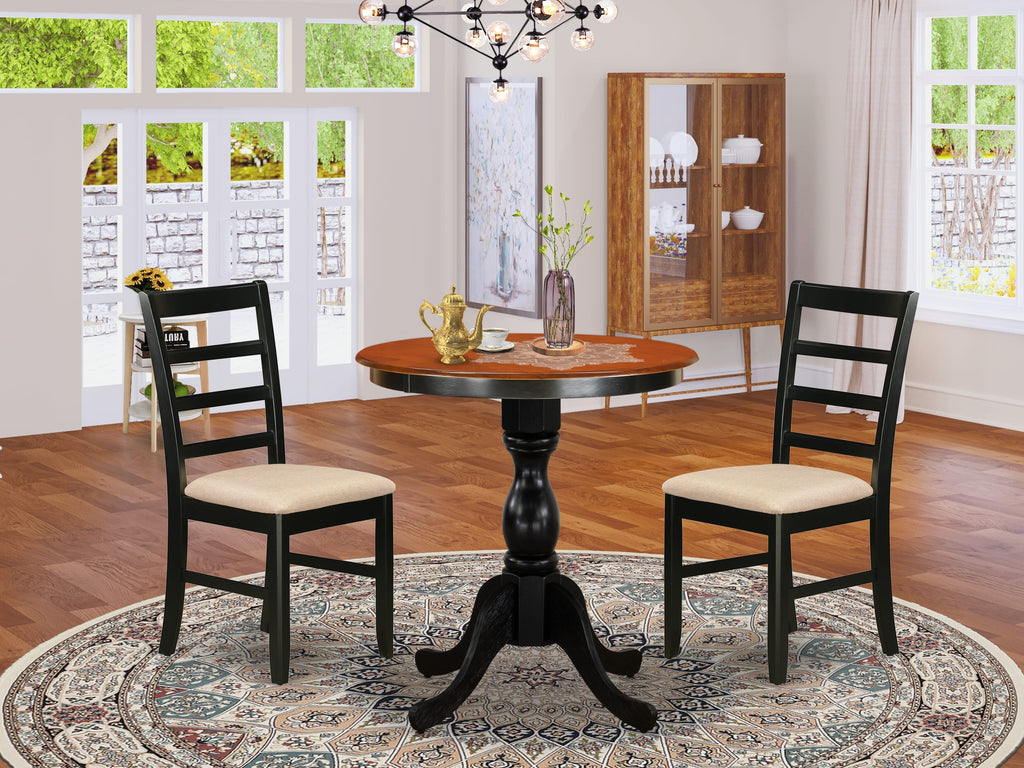 East West Furniture ESPF3-BCH-C 3 Piece Dining Room Furniture Set Contains a Round Dining Table with Pedestal and 2 Linen Fabric Upholstered Chairs, 30x30 Inch, Black & Cherry