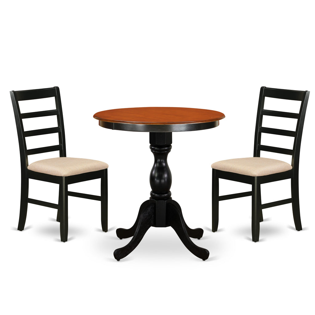 East West Furniture ESPF3-BCH-C 3 Piece Dining Room Furniture Set Contains a Round Dining Table with Pedestal and 2 Linen Fabric Upholstered Chairs, 30x30 Inch, Black & Cherry