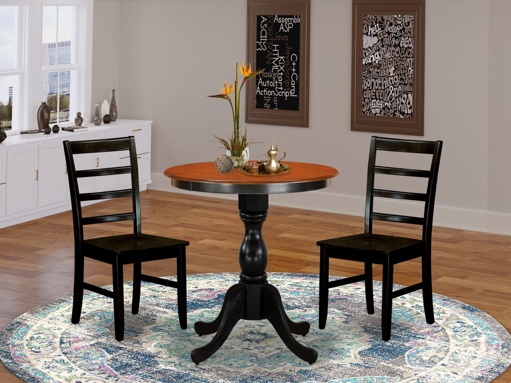 East West Furniture ESPF3-BCH-W 3 Piece Dining Set Contains a Round Dining Room Table with Pedestal and 2 Kitchen Chairs, 30x30 Inch, Black & Cherry
