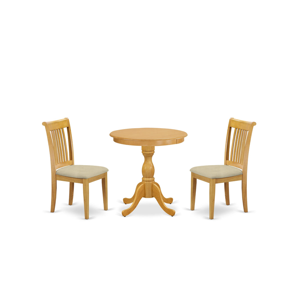 East West Furniture ESPO3-OAK-C 3 Piece Modern Dining Table Set Contains a Round Wooden Table with Pedestal and 2 Linen Fabric Kitchen Dining Chairs, 30x30 Inch, Oak