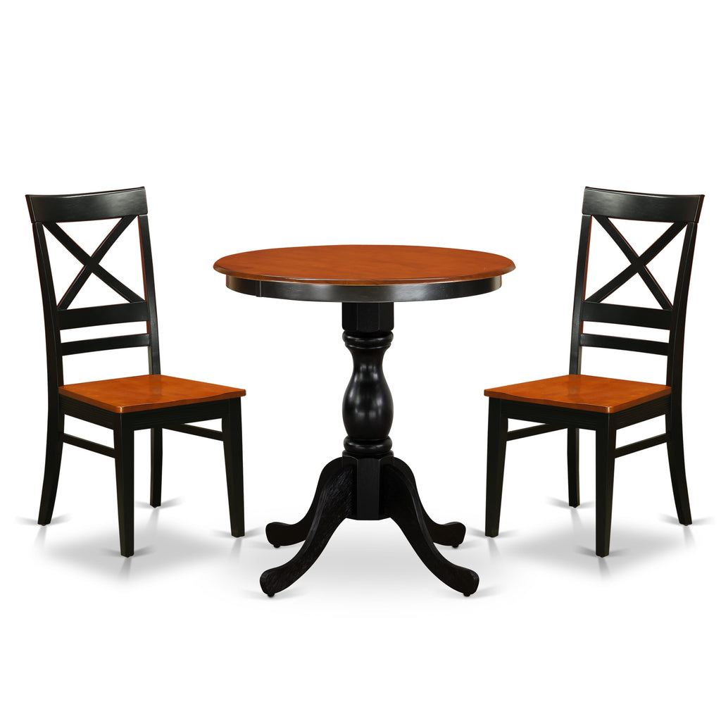 East West Furniture ESQU3-BCH-W 3 Piece Kitchen Table Set for Small Spaces Contains a Round Dining Room Table with Pedestal and 2 Solid Wood Seat Chairs, 30x30 Inch, Black & Cherry