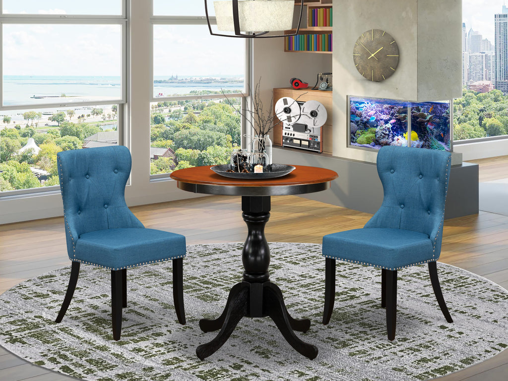 East West Furniture ESSI3-BCH-21 3 Piece Dinette Set for Small Spaces Contains a Round Dining Table with Pedestal and 2 Blue Linen Fabric Upholstered Parson Chairs, 30x30 Inch, Black & Cherry
