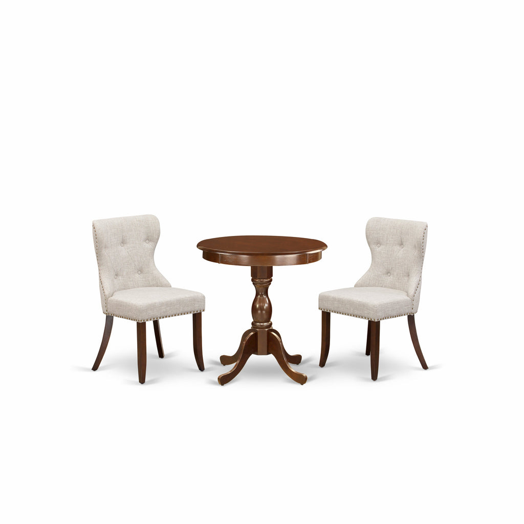 East West Furniture ESSI3-MAH-35 3 Piece Modern Dining Table Set Contains a Round Wooden Table with Pedestal and 2 Doeskin Linen Fabric Upholstered Chairs, 30x30 Inch, Mahogany