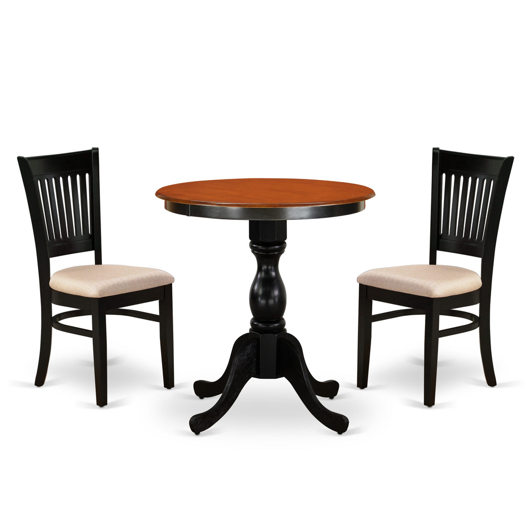 East West Furniture ESVA3-BCH-C 3 Piece Kitchen Table Set for Small Spaces Contains a Round Dining Room Table with Pedestal and 2 Linen Fabric Upholstered Chairs, 30x30 Inch, Black & Cherry