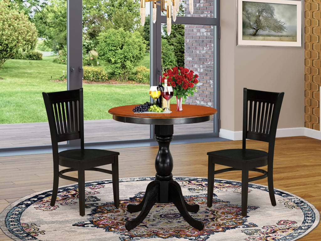 East West Furniture ESVA3-BCH-W 3 Piece Dining Table Set for Small Spaces Contains a Round Dining Room Table with Pedestal and 2 Wood Seat Chairs, 30x30 Inch, Black & Cherry