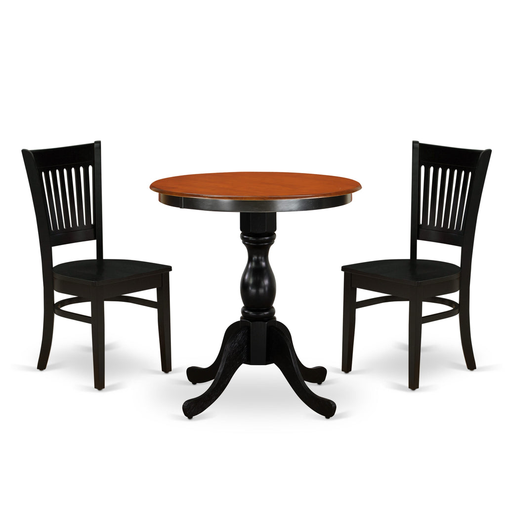 East West Furniture ESVA3-BCH-W 3 Piece Dining Table Set for Small Spaces Contains a Round Dining Room Table with Pedestal and 2 Wood Seat Chairs, 30x30 Inch, Black & Cherry