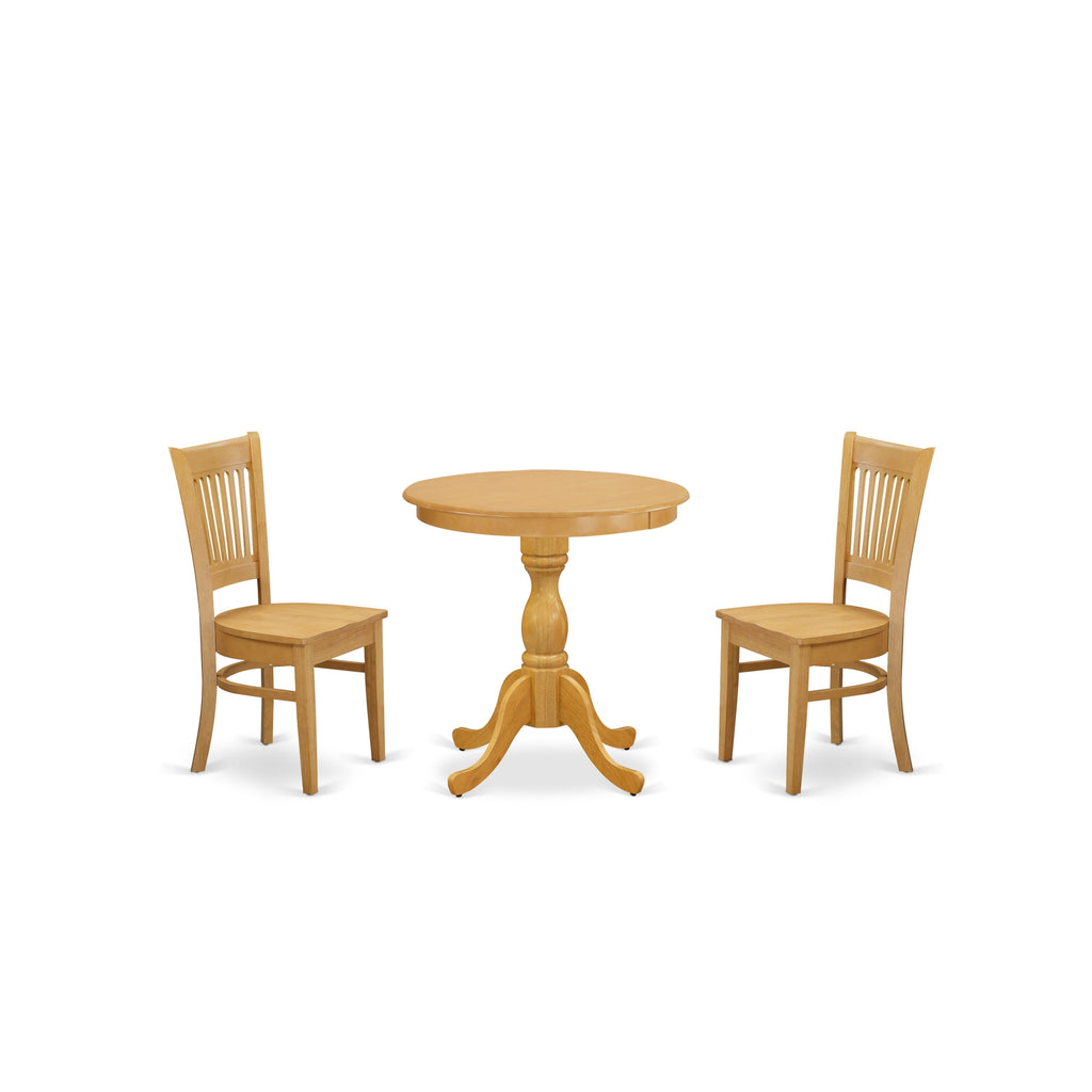 East West Furniture ESVA3-OAK-W 3 Piece Modern Dining Table Set Contains a Round Wooden Table with Pedestal and 2 Kitchen Dining Chairs, 30x30 Inch, Oak