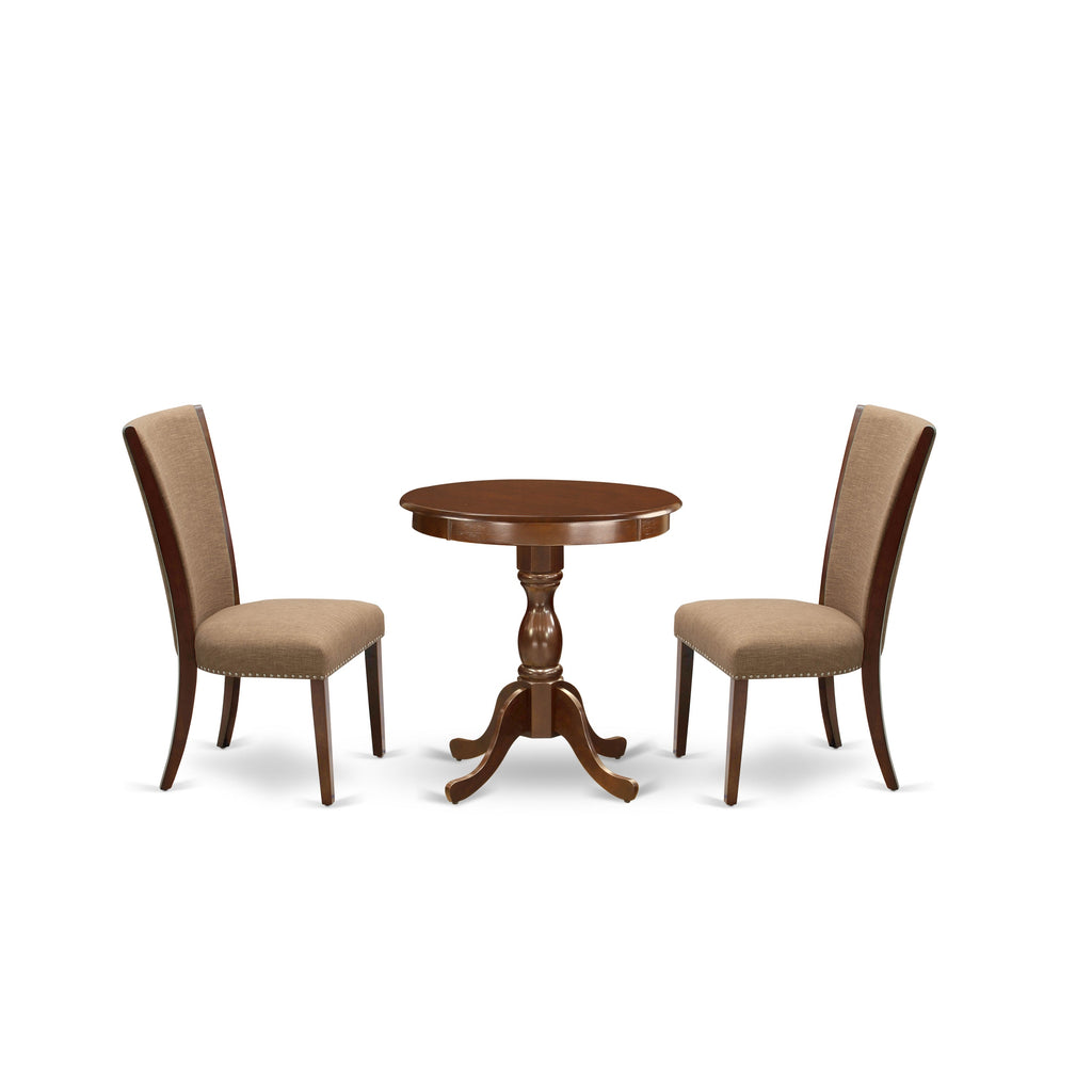 East West Furniture ESVE3-MAH-47 3 Piece Modern Dining Table Set Contains a Round Wooden Table and 2 Light Sable Linen Fabric Upholstered Chairs, 30x30 Inch, Mahogany