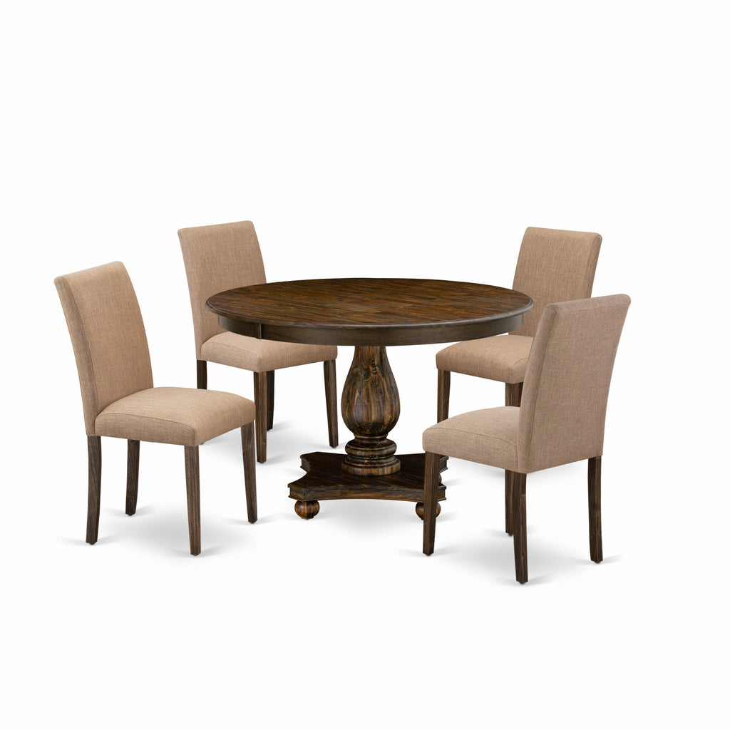 East West Furniture F2AB5-747 5 Piece Dining Room Furniture Set Includes a Round Dining Table with Pedestal and 4 Light Sable Linen Fabric Upholstered Chairs, 48x48 Inch, Distressed Jacobean