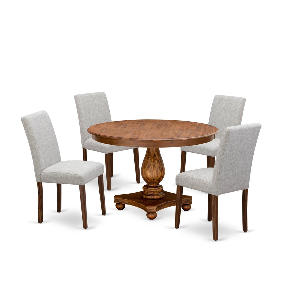 East West Furniture F2AB5-N35 5 Piece Dining Table Set Includes a Round Dining Room Table with Pedestal and 4 Doeskin Linen Fabric Parsons Chairs, 48x48 Inch, Antique Walnut