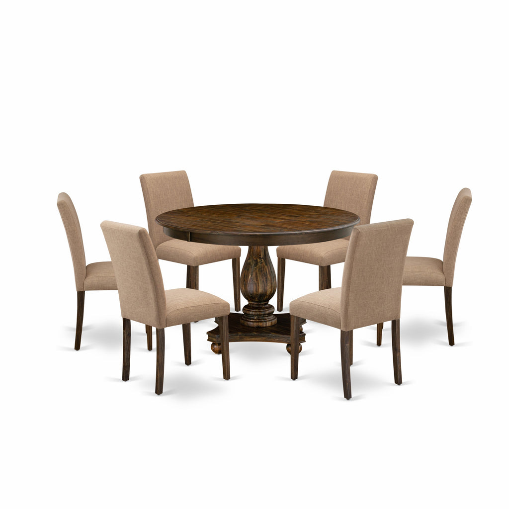 East West Furniture F2AB7-747 7 Piece Dining Room Table Set Consist of a Round Dining Table with Pedestal and 6 Light Sable Linen Fabric Upholstered Chairs, 48x48 Inch, Distressed Jacobean