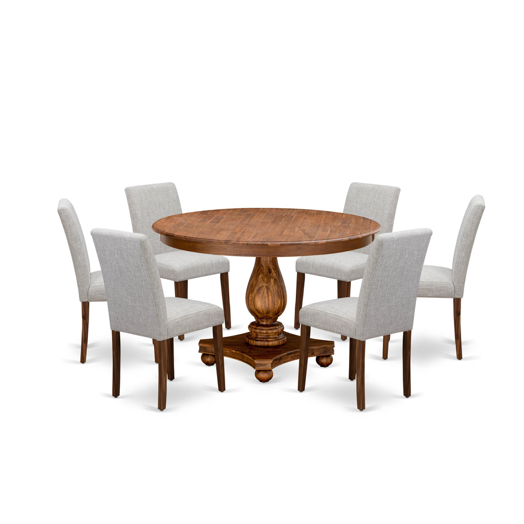 East West Furniture F2AB7-N35 7 Piece Dining Set Consist of a Round Dining Room Table with Pedestal and 6 Doeskin Linen Fabric Upholstered Parson Chairs, 48x48 Inch, Antique Walnut
