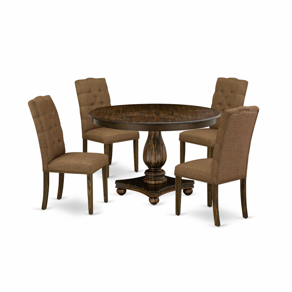 East West Furniture F2EL5-718 5 Piece Kitchen Table & Chairs Set Includes a Round Dining Table with Pedestal and 4 Brown Linen Linen Fabric Parson Chairs, 48x48 Inch, Distressed Jacobean