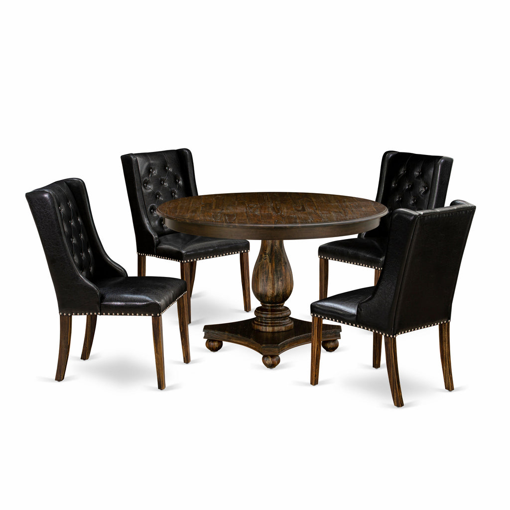 East West Furniture F2FO5-749 5 Piece Dining Set Includes a Round Dining Room Table with Pedestal and 4 Black Faux Leather Upholstered Chairs, 48x48 Inch, Distressed Jacobean