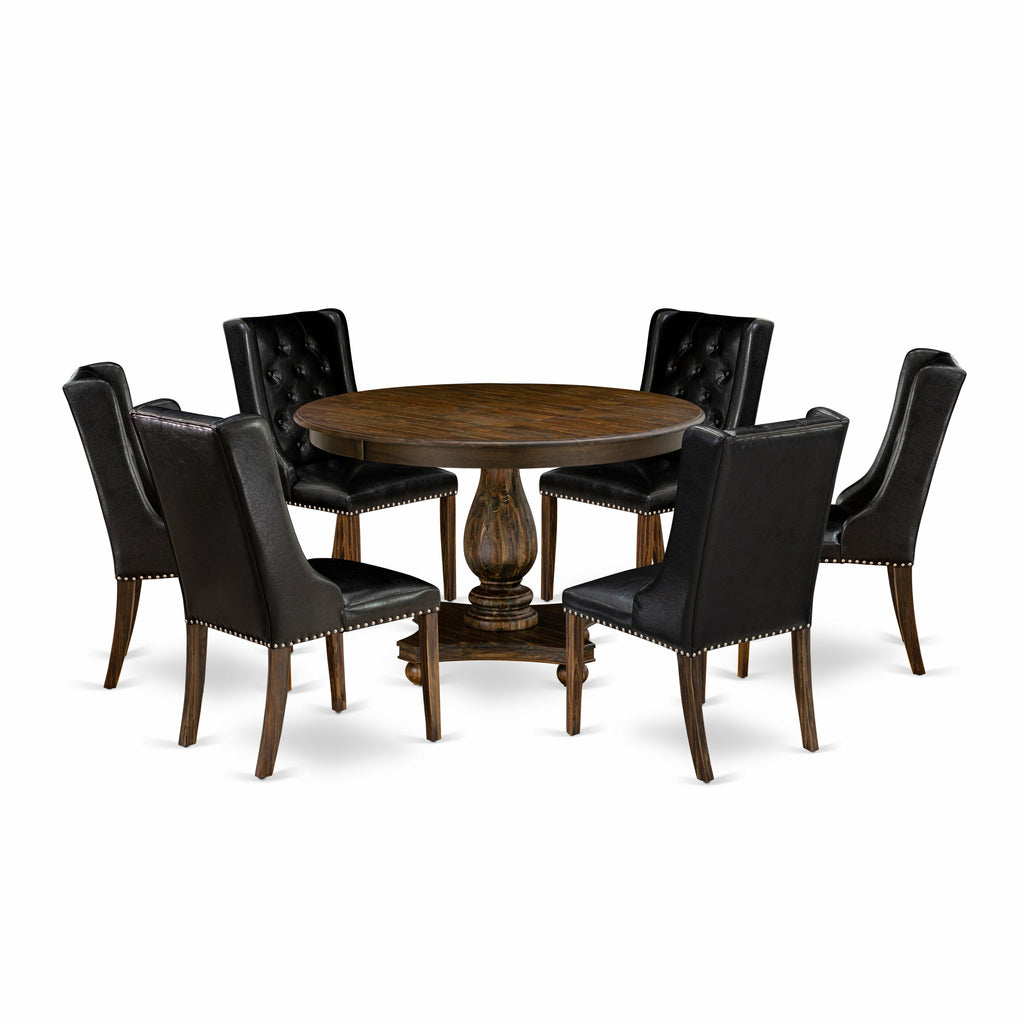 East West Furniture F2FO7-749 7 Piece Dining Room Table Set Consist of a Round Dining Table with Pedestal and 6 Black Faux Leather Upholstered Chairs, 48x48 Inch, Distressed Jacobean