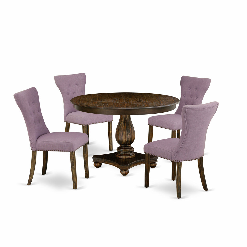 East West Furniture F2GA5-740 5 Piece Kitchen Table Set for 4 Includes a Round Dining Room Table with Pedestal and 4 Dahlia Linen Fabric Upholstered Chairs, 48x48 Inch, Distressed Jacobean