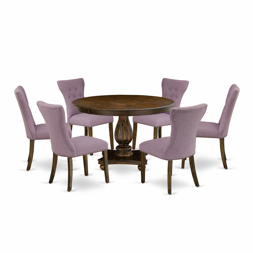 East West Furniture F2GA7-740 7 Piece Kitchen Table & Chairs Set Consist of a Round Dining Room Table with Pedestal and 6 Dahlia Linen Fabric Upholstered Chairs, 48x48 Inch, Distressed Jacobean