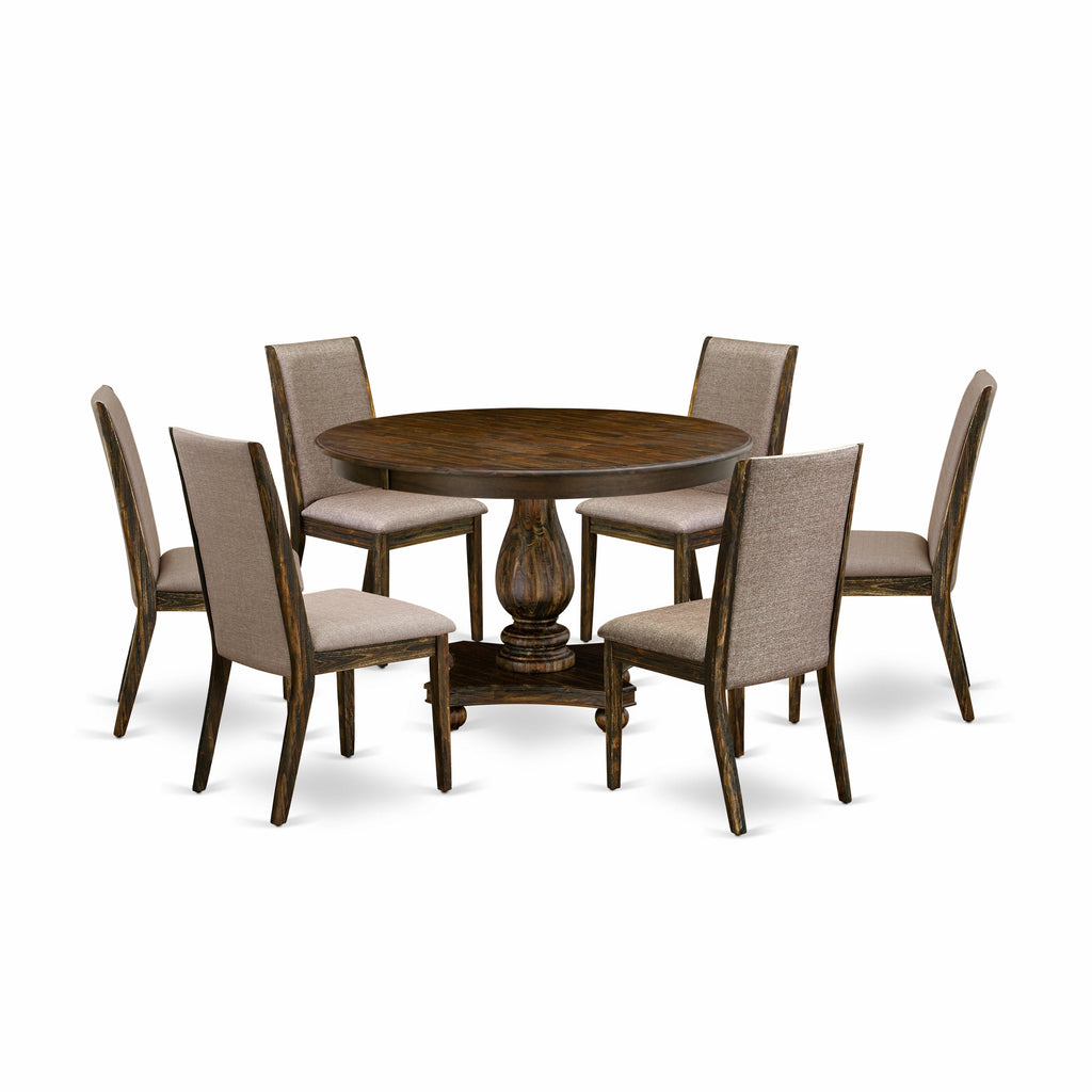 East West Furniture F2LA7-716 7 Piece Dining Table Set Consist of a Round Dining Room Table with Pedestal and 6 Dark Khaki Linen Fabric Upholstered Chairs, 48x48 Inch, Distressed Jacobean
