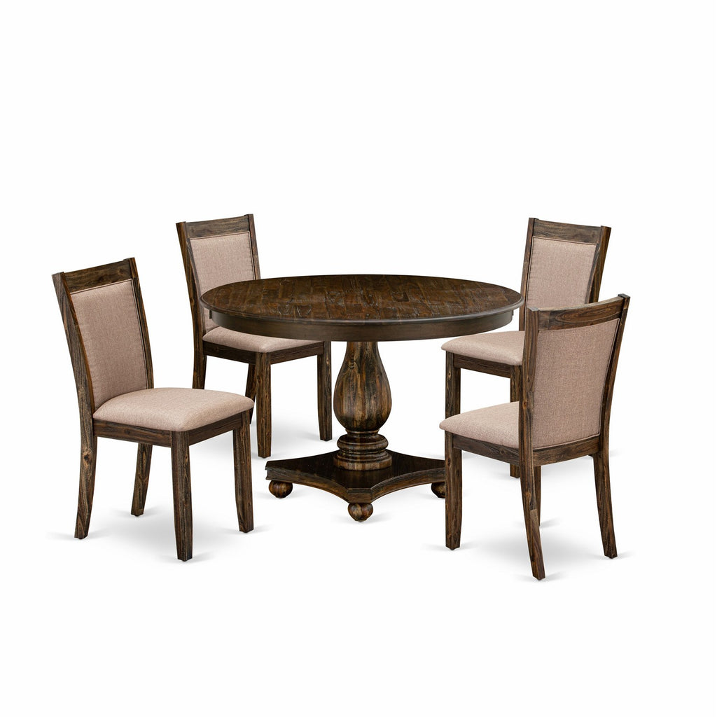 East West Furniture F2MZ5-716 5 Piece Kitchen Table Set for 4 Includes a Round Dining Room Table with Pedestal and 4 Dark Khaki Linen Fabric Parsons Dining Chairs, 48x48 Inch, Distressed Jacobean