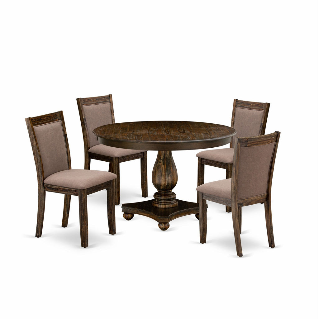 East West Furniture F2MZ5-748 5 Piece Kitchen Table Set for 4 Includes a Round Dining Room Table with Pedestal and 4 Coffee Linen Fabric Upholstered Chairs, 48x48 Inch, Distressed Jacobean