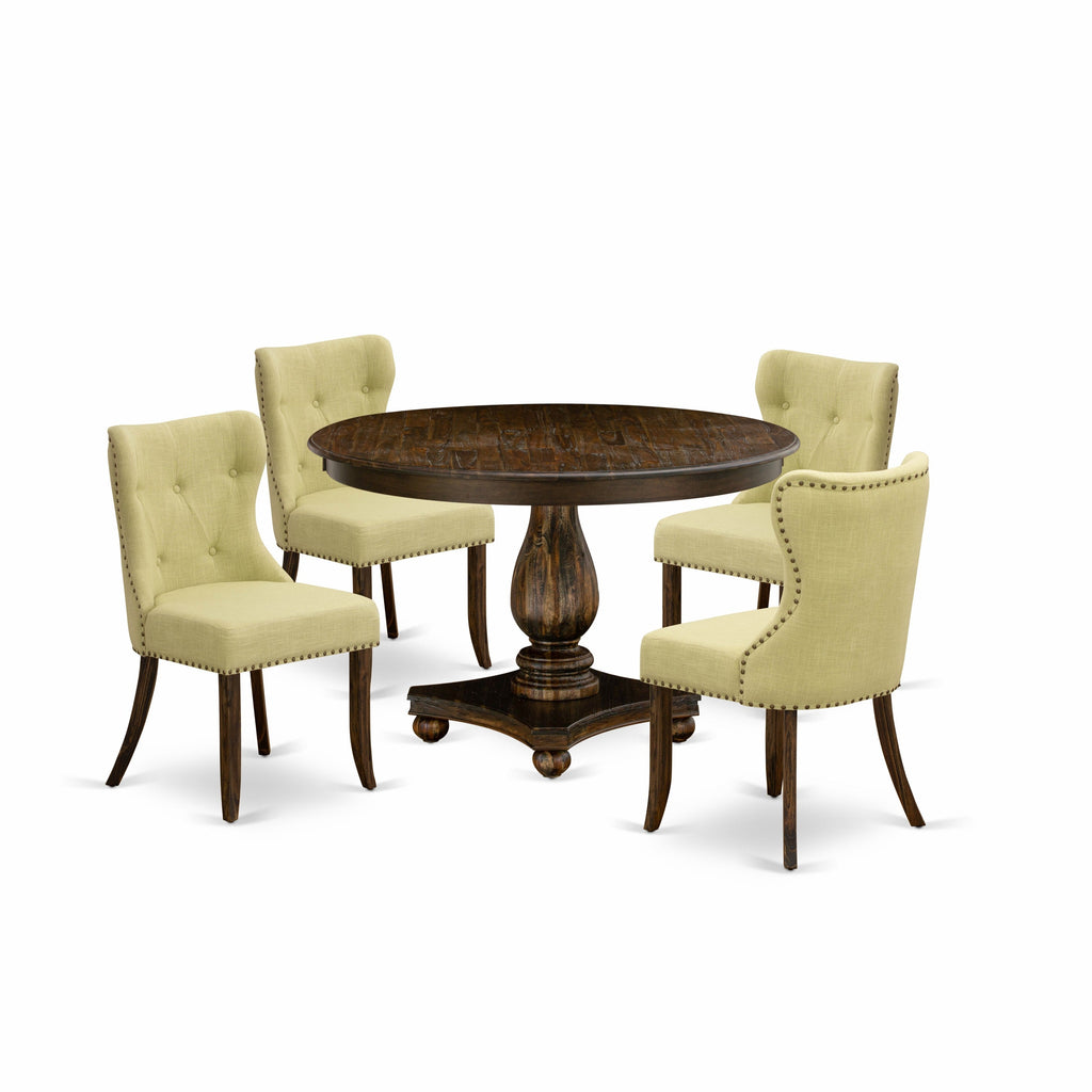 East West Furniture F2SI5-737 5 Piece Dinette Set for 4 Includes a Round Dining Table with Pedestal and 4 Limelight Linen Fabric Parson Chairs, 48x48 Inch, Distressed Jacobean