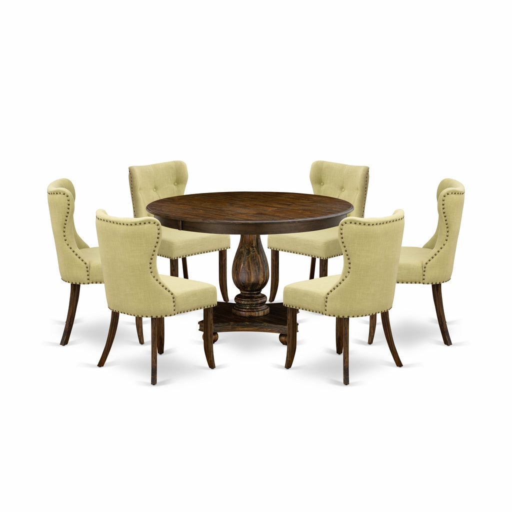 East West Furniture F2SI7-737 7 Piece Dining Table Set Consist of a Round Kitchen Table with Pedestal and 6 Limelight Linen Fabric Parson Dining Room Chairs, 48x48 Inch, Distressed Jacobean