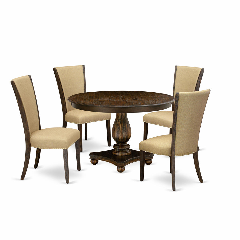 East West Furniture F2VE5-703 5 Piece Modern Dining Table Set Includes a Round Wooden Table with Pedestal and 4 Brown Linen Fabric Parson Dining Chairs, 48x48 Inch, Distressed Jacobean
