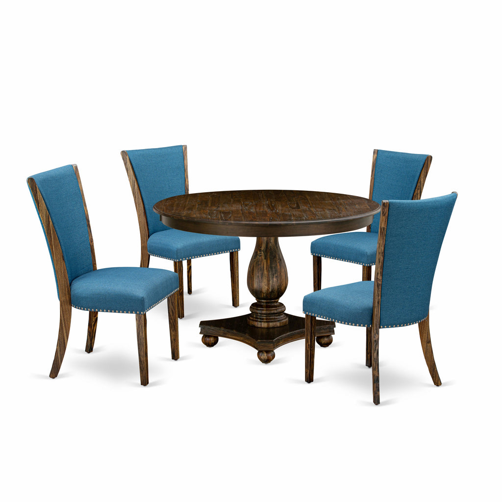 East West Furniture F2VE5-721 5 Piece Dining Table Set for 4 Includes a Round Kitchen Table with Pedestal and 4 Blue Color Linen Fabric Upholstered Chairs, 48x48 Inch, Distressed Jacobean