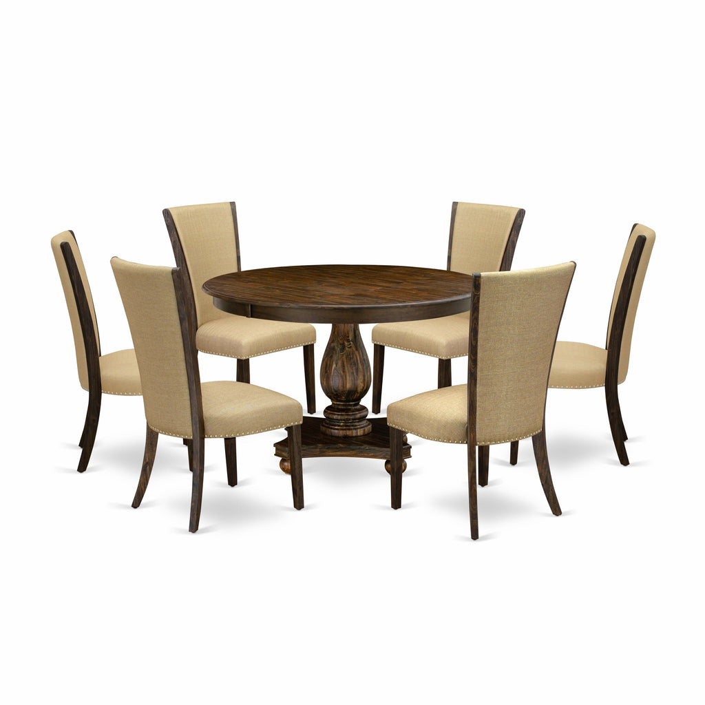 East West Furniture F2VE7-703 7 Piece Dining Table Set Consist of a Round Kitchen Table with Pedestal and 6 Brown Linen Fabric Parson Dining Room Chairs, 48x48 Inch, Distressed Jacobean