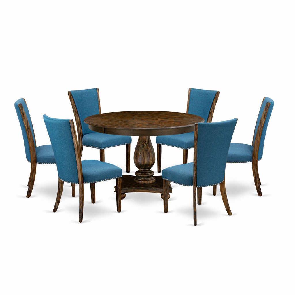 East West Furniture F2VE7-721 7 Piece Kitchen Table Set Consist of a Round Dining Table with Pedestal and 6 Blue Color Linen Fabric Parson Chairs, 48x48 Inch, Distressed Jacobean