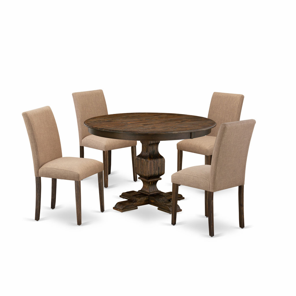 East West Furniture F3AB5-747 5 Piece Modern Dining Table Set Includes a Round Wooden Table with Pedestal and 4 Light Sable Linen Fabric Upholstered Chairs, 48x48 Inch, Distressed Jacobean