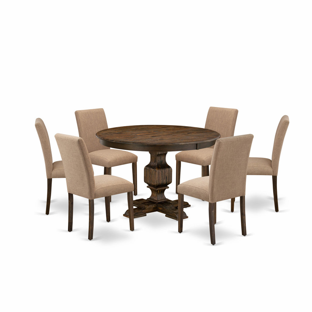 East West Furniture F3AB7-747 7 Piece Modern Dining Table Set Consist of a Round Wooden Table with Pedestal and 6 Light Sable Linen Fabric Parsons Dining Chairs, 48x48 Inch, Distressed Jacobean