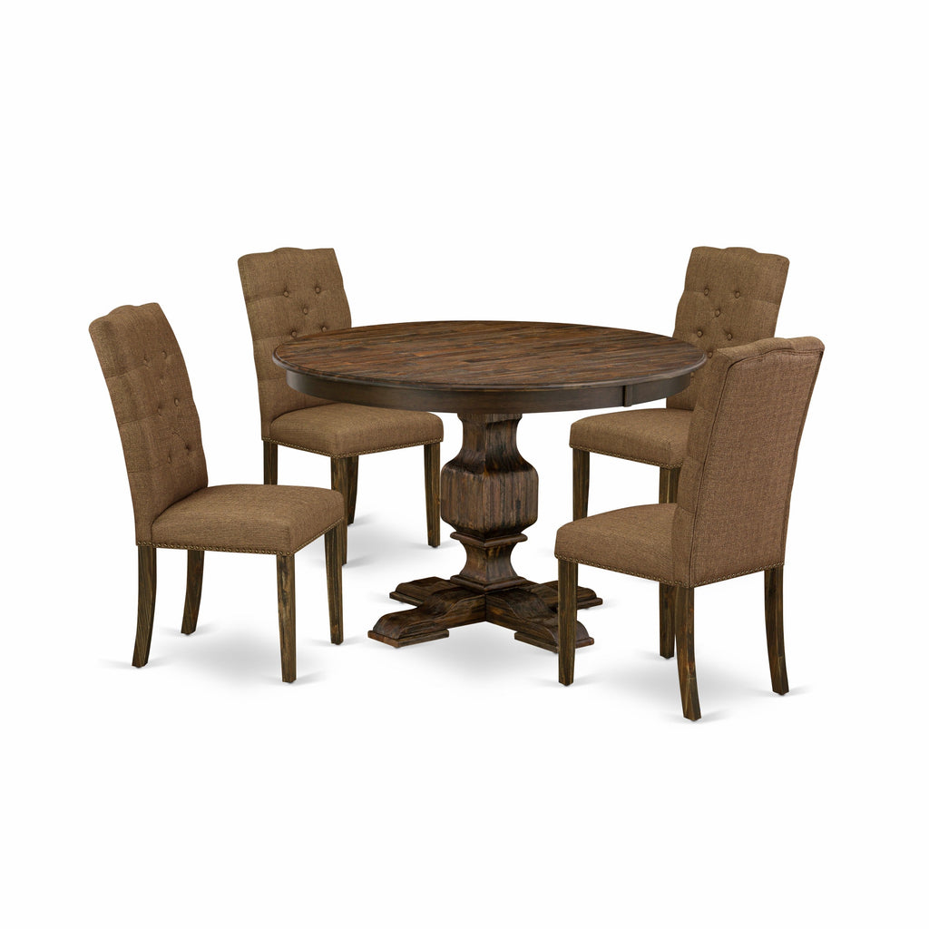 East West Furniture F3EL5-718 5 Piece Modern Dining Table Set Includes a Round Wooden Table with Pedestal and 4 Brown Linen Linen Fabric Parsons Dining Chairs, 48x48 Inch, Distressed Jacobean