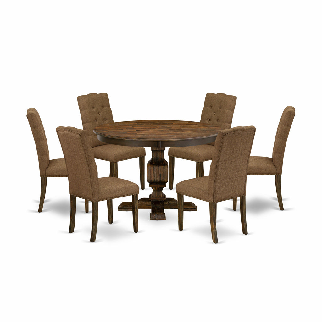 East West Furniture F3EL7-718 7 Piece Kitchen Table Set Consist of a Round Dining Table with Pedestal and 6 Brown Linen Linen Fabric Parsons Dining Chairs, 48x48 Inch, Distressed Jacobean