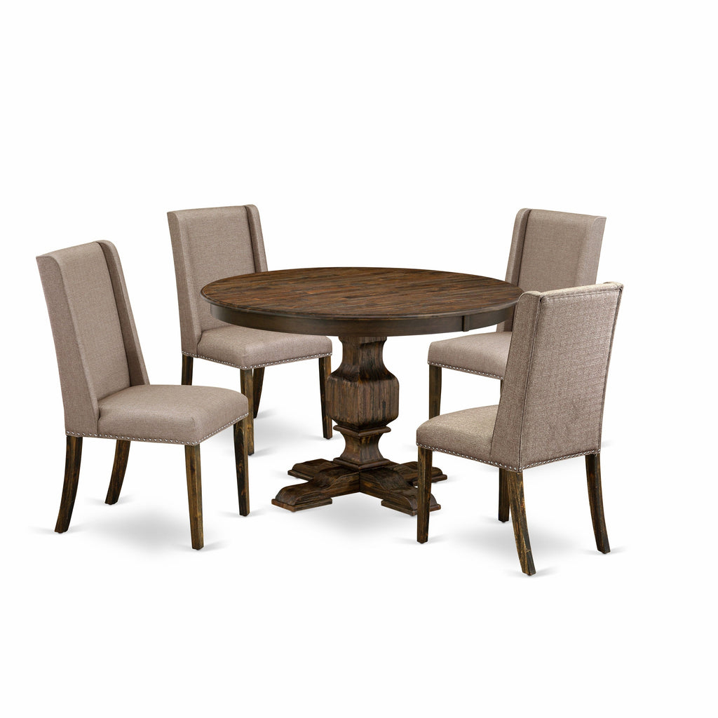 East West Furniture F3FL5-716 5 Piece Dinette Set Includes a Round Dining Room Table with Pedestal and 4 Dark Khaki Linen Fabric Upholstered Parson Chairs, 48x48 Inch, Distressed Jacobean