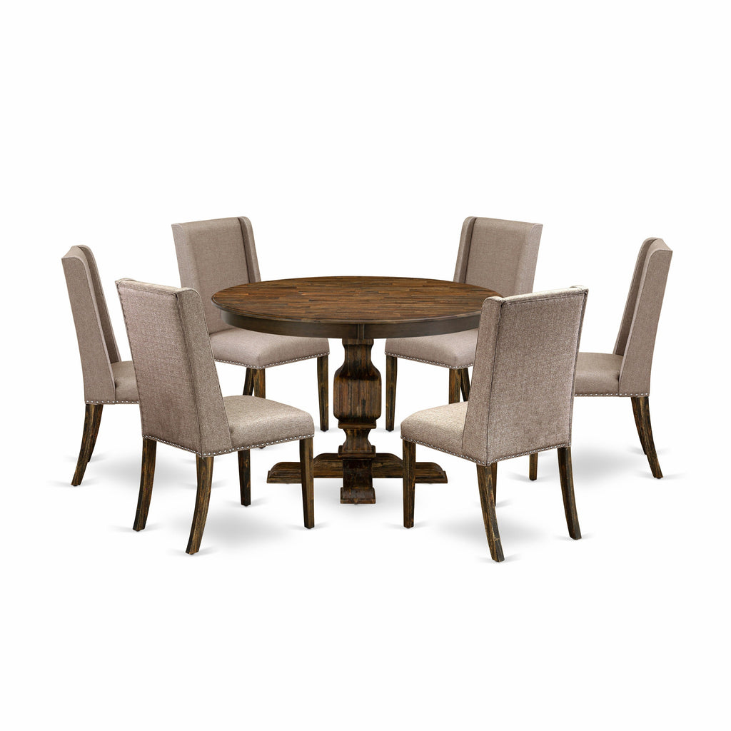 East West Furniture F3FL7-716 7 Piece Dining Set Consist of a Round Dining Room Table with Pedestal and 6 Dark Khaki Linen Fabric Upholstered Parson Chairs, 48x48 Inch, Distressed Jacobean