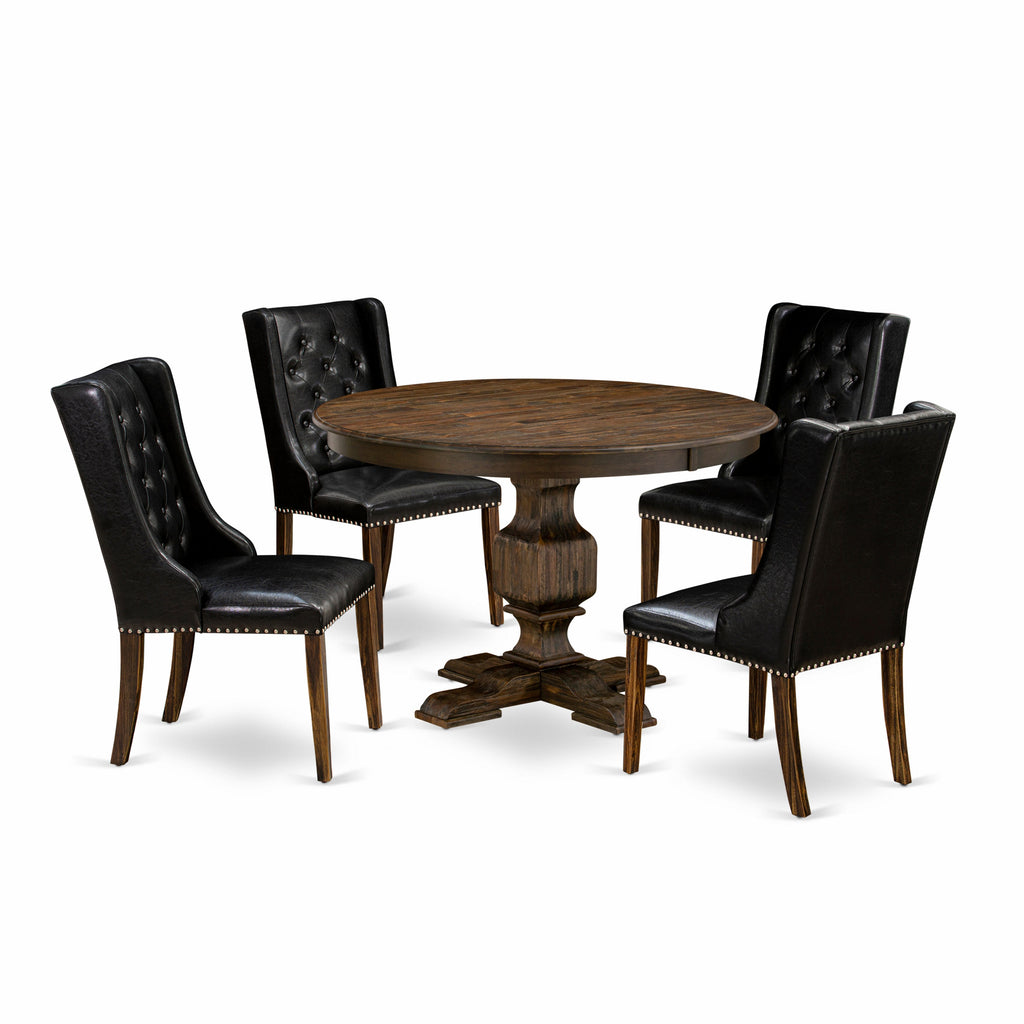 East West Furniture F3FO5-749 5 Piece Dining Room Table Set Includes a Round Dining Table with Pedestal and 4 Black Faux Leather Upholstered Chairs, 48x48 Inch, Distressed Jacobean