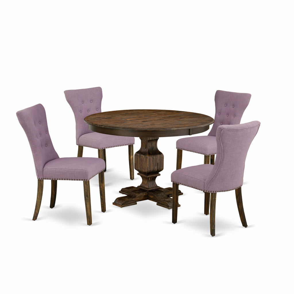 East West Furniture F3GA5-740 5 Piece Kitchen Table & Chairs Set Includes a Round Dining Room Table with Pedestal and 4 Dahlia Linen Fabric Parsons Dining Chairs, 48x48 Inch, Distressed Jacobean