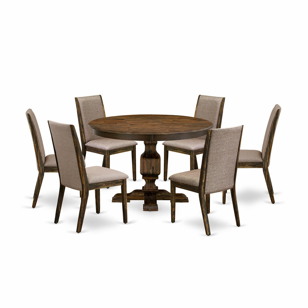 East West Furniture F3LA7-716 7 Piece Dining Set Consist of a Round Dining Room Table with Pedestal and 6 Dark Khaki Linen Fabric Upholstered Chairs, 48x48 Inch, Distressed Jacobean