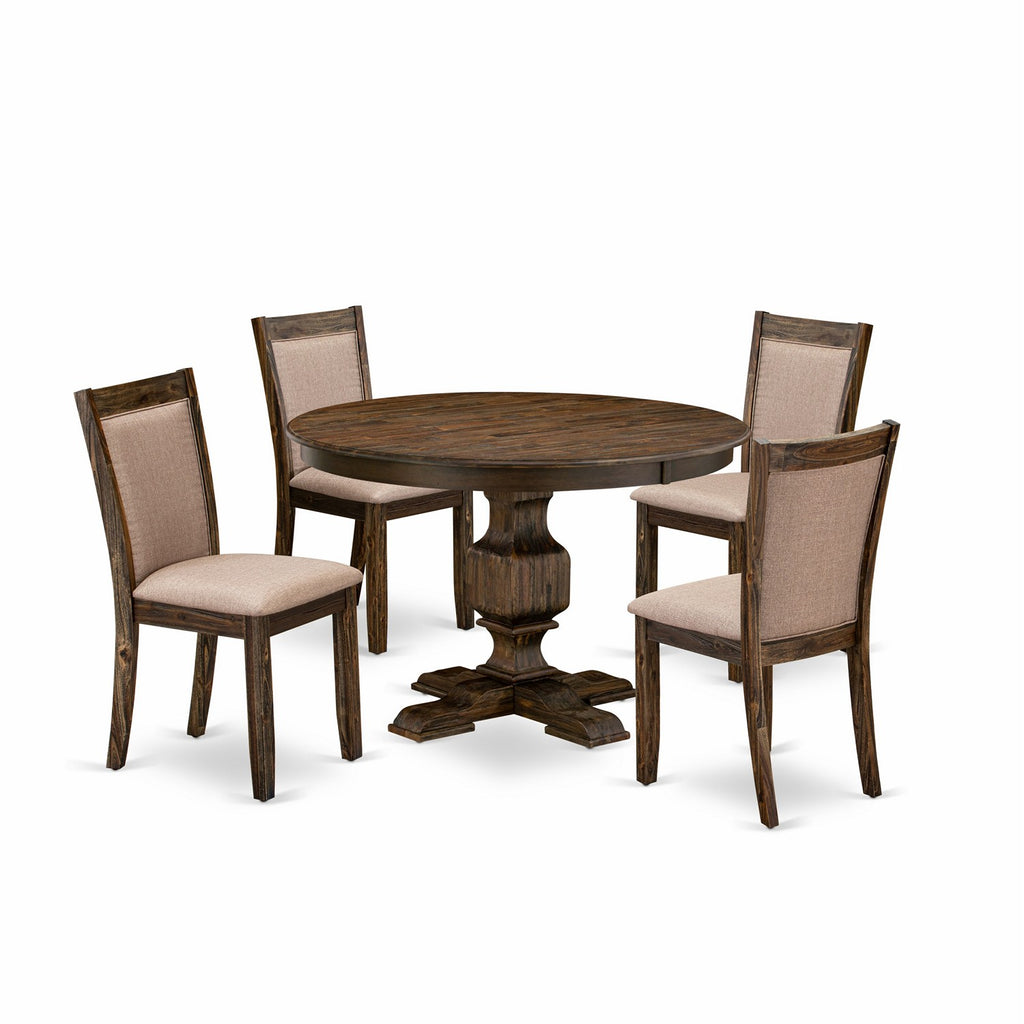East West Furniture F3MZ5-716 5 Piece Dining Table Set for 4 Includes a Round Kitchen Table with Pedestal and 4 Dark Khaki Linen Fabric Parsons Dining Chairs, 48x48 Inch, Distressed Jacobean