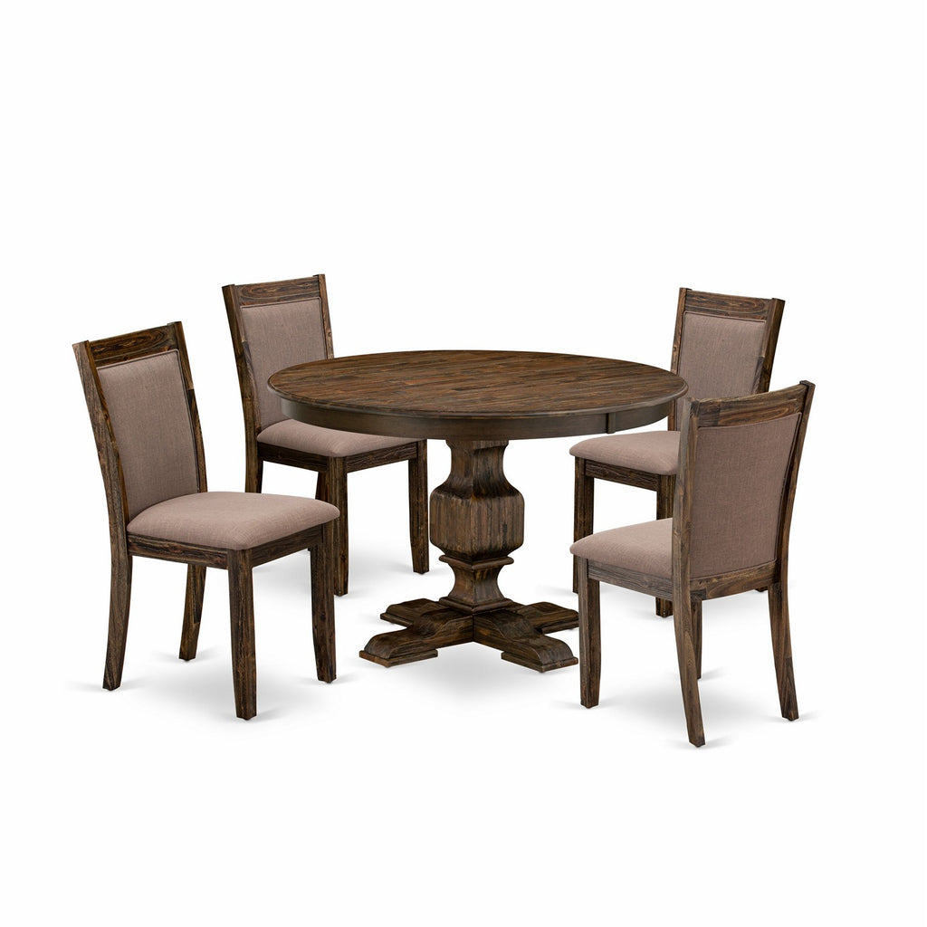 East West Furniture F3MZ5-748 5 Piece Dining Room Table Set Includes a Round Kitchen Table with Pedestal and 4 Coffee Linen Fabric Parson Dining Chairs, 48x48 Inch, Distressed Jacobean