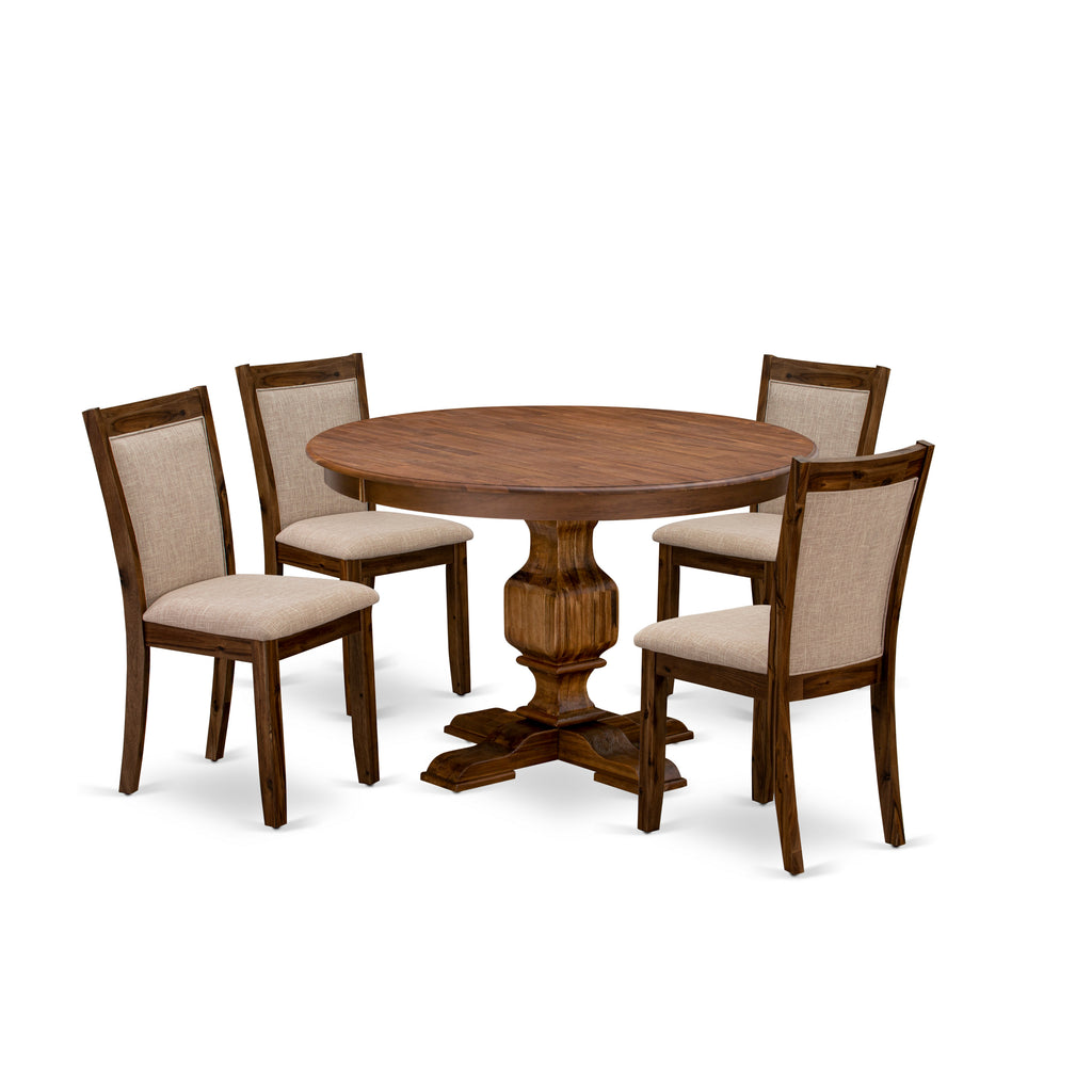East West Furniture F3MZ5-N04 5 Piece Modern Dining Table Set Includes a Round Wooden Table with Pedestal and 4 Light Tan Linen Fabric Upholstered Parson Chairs, 48x48 Inch, Antique Walnut