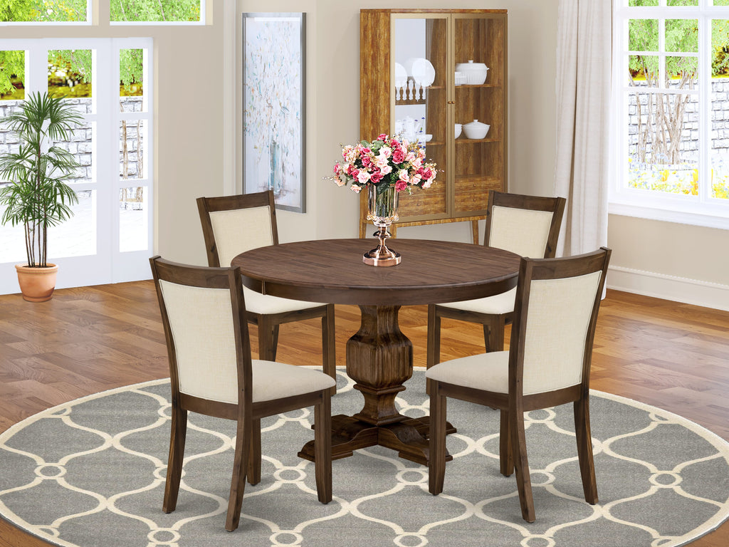East West Furniture F3MZ5-NN-32 5 Piece Dining Table Set for 4 Includes a Round Wooden Table with Pedestal and 4 Light Beige Linen Fabric Parson Chairs, 48x48 Inch, Sandblasting Antique Walnut