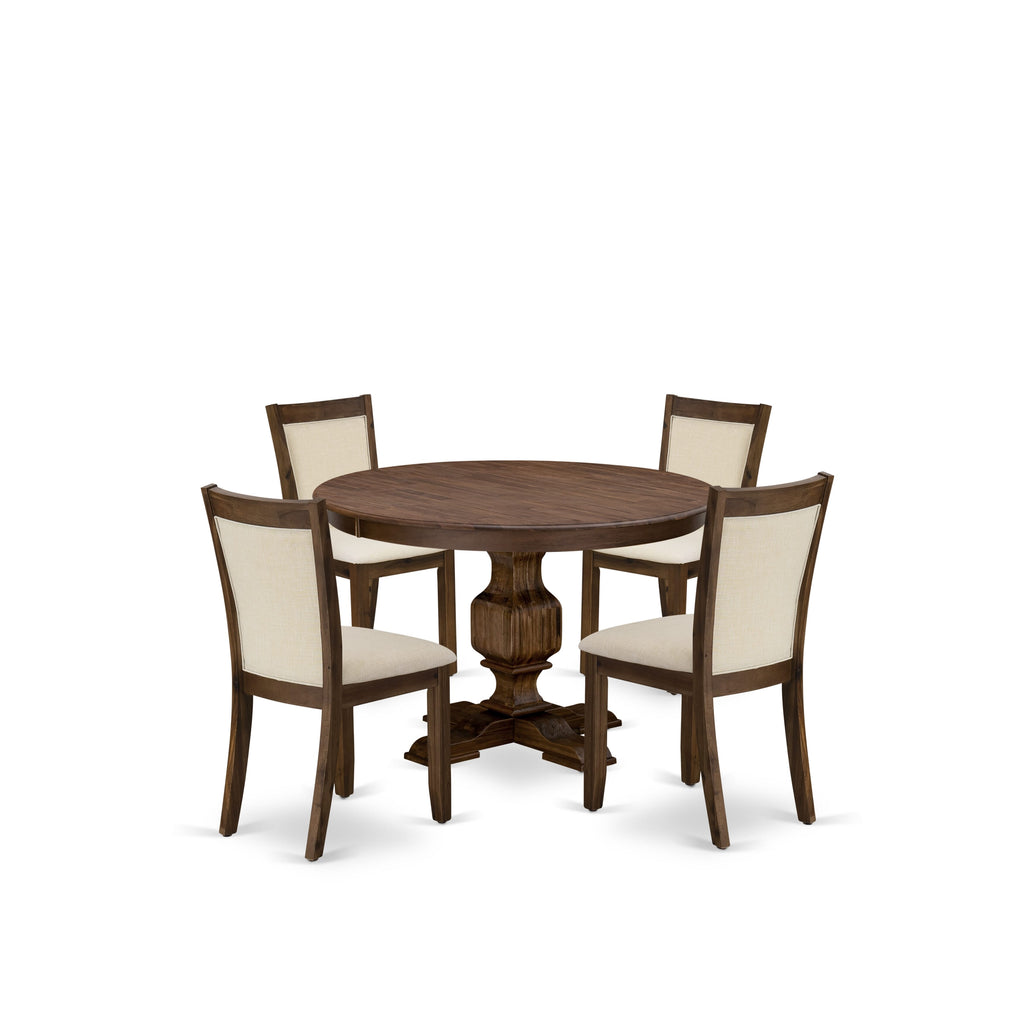 East West Furniture F3MZ5-NN-32 5 Piece Dining Table Set for 4 Includes a Round Wooden Table with Pedestal and 4 Light Beige Linen Fabric Parson Chairs, 48x48 Inch, Sandblasting Antique Walnut