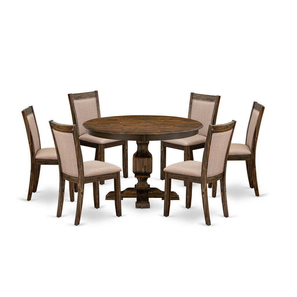 East West Furniture F3MZ7-716 7 Piece Dining Set Consist of a Round Dining Room Table with Pedestal and 6 Dark Khaki Linen Fabric Upholstered Parson Chairs, 48x48 Inch, Distressed Jacobean