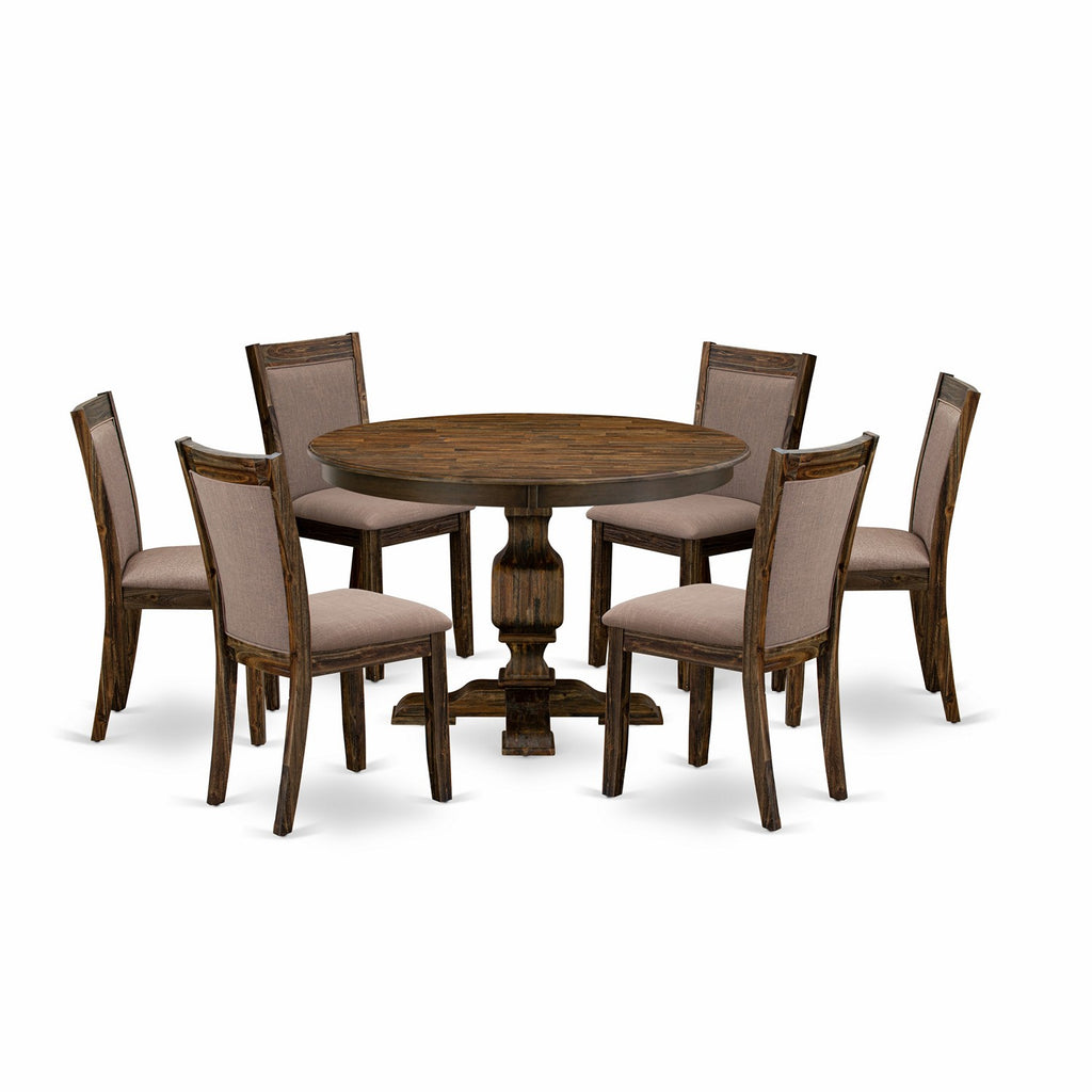East West Furniture F3MZ7-748 7 Piece Kitchen Table Set Consist of a Round Dining Table with Pedestal and 6 Coffee Linen Fabric Parson Dining Chairs, 48x48 Inch, Distressed Jacobean