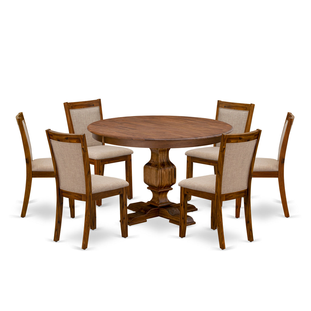 East West Furniture F3MZ7-N04 7 Piece Modern Dining Table Set Consist of a Round Wooden Table with Pedestal and 6 Light Tan Linen Fabric Parson Dining Chairs, 48x48 Inch, Antique Walnut